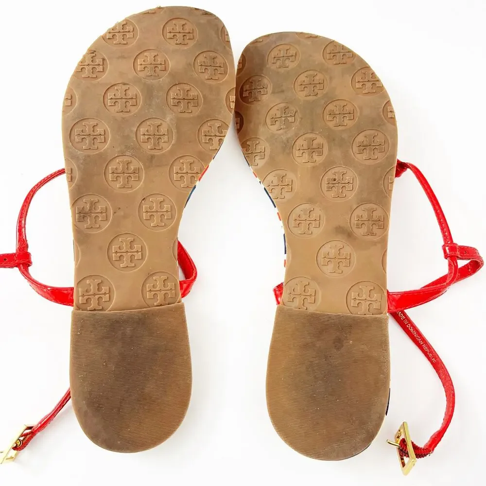 Tory Burch Emmy Red White & Blue Patent T-Strap Thong Sandals Shoes Size 6